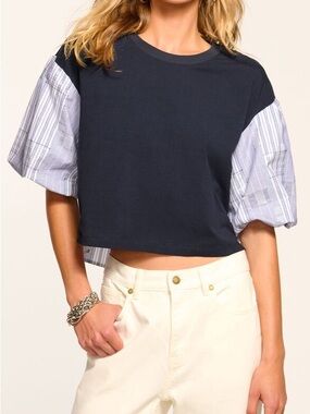 Ramy Brook Navy Cropped Tee with Light Blue Striped Puff Sleeves